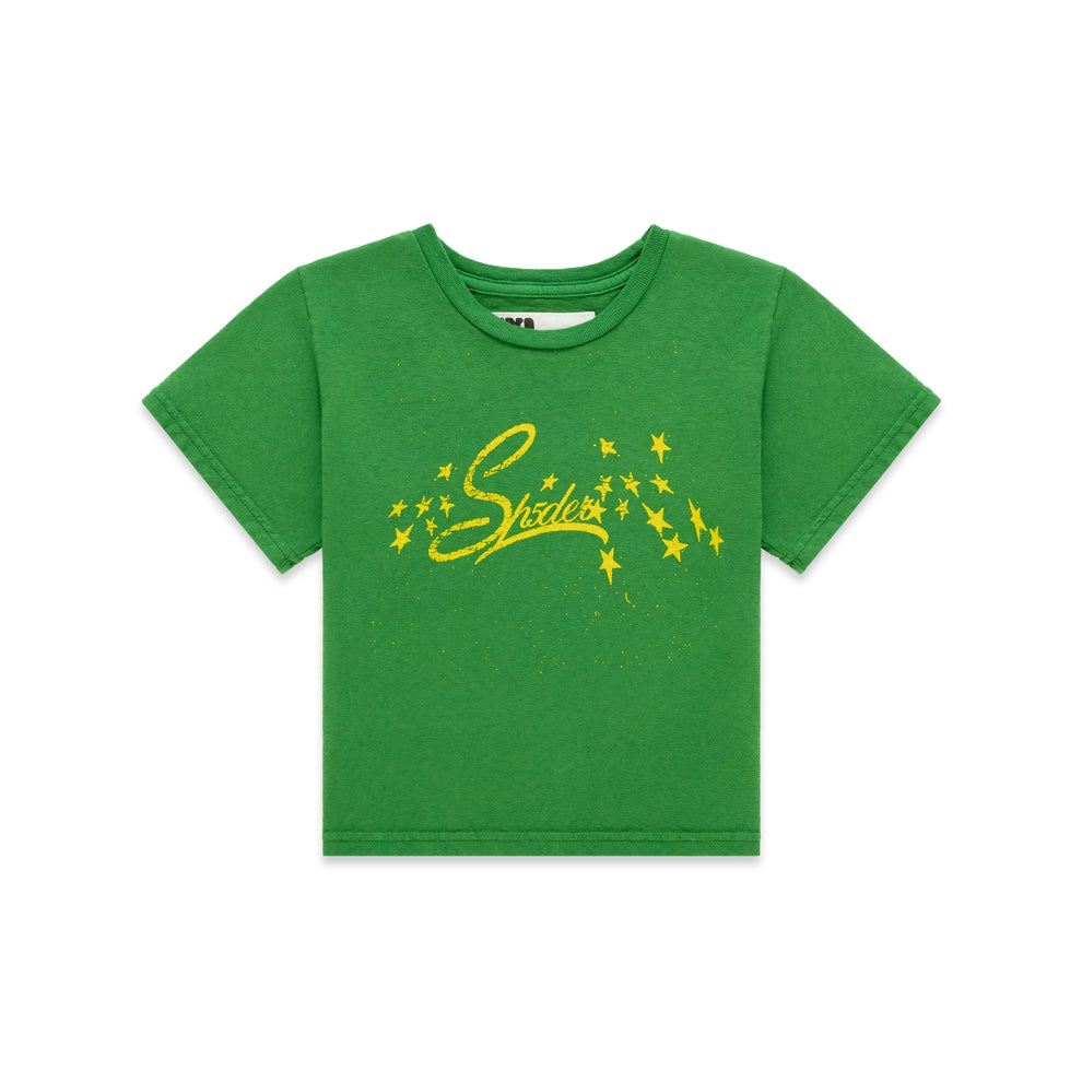 Green cotton/spandex cropped baby tee with yellow "Shades" graphic and stars.