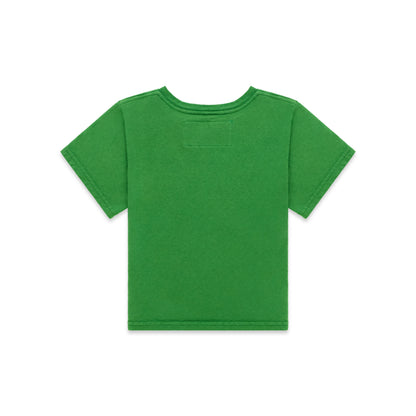 Back view of a plain green cotton/spandex cropped fitted baby tee.