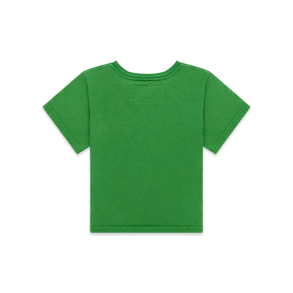 Back view of a plain green cotton/spandex cropped fitted baby tee.