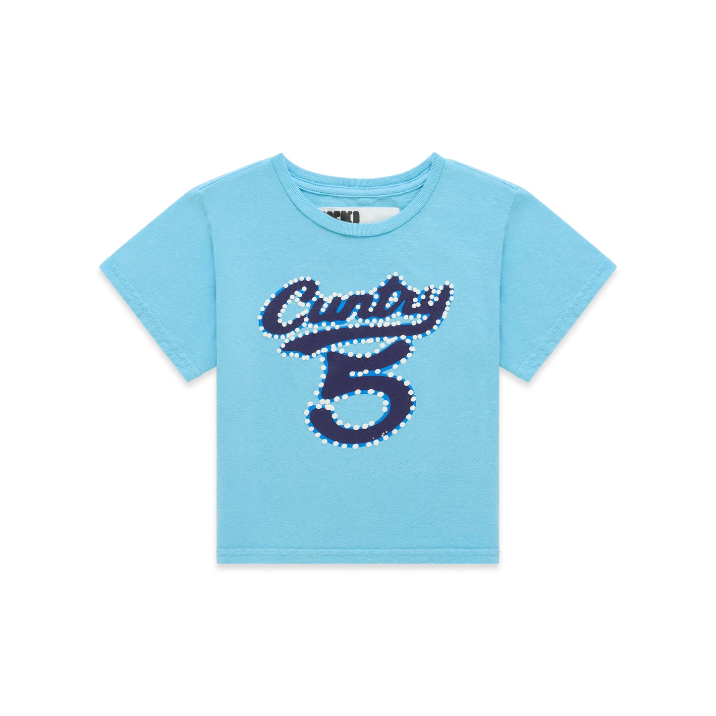 Light blue cotton/spandex cropped baby tee with "CUNTRY 5" graphic print.