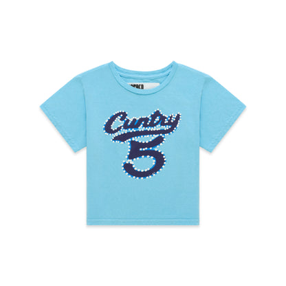 Light blue cotton/spandex cropped baby tee with "CUNTRY 5" graphic print.
