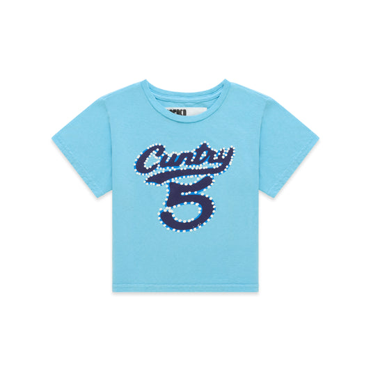 Light blue cotton/spandex cropped baby tee with "CUNTRY 5" graphic print.