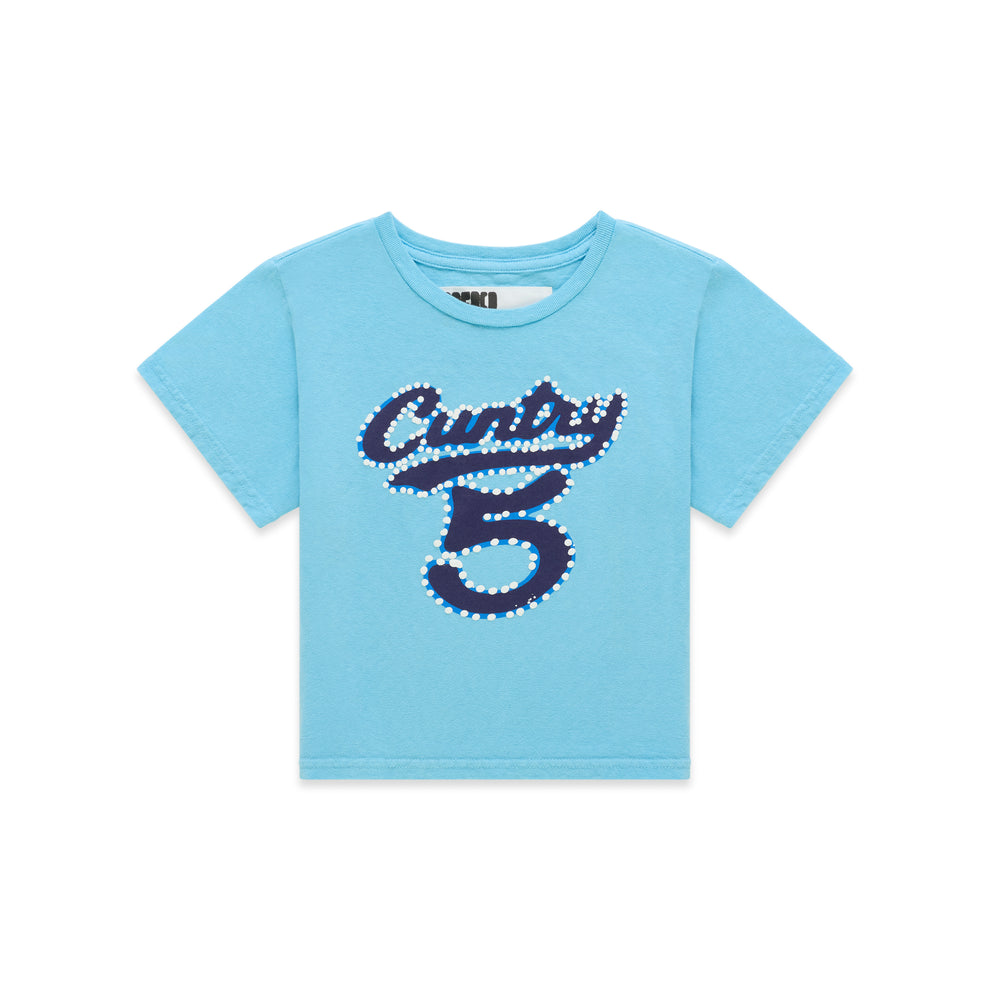 Light blue cotton/spandex cropped baby tee with "CUNTRY 5" graphic print.