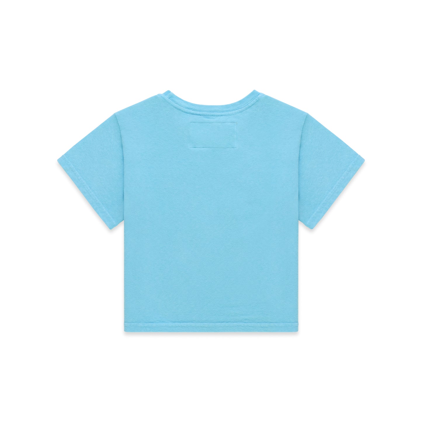 Back of a light blue cotton/spandex cropped baby tee with a small rectangular tag below the collar.