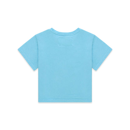 Back of a light blue cotton/spandex cropped baby tee with a small rectangular tag below the collar.