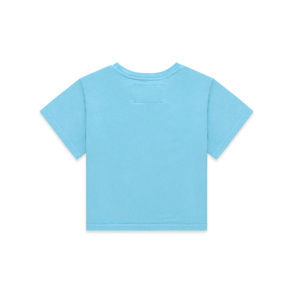 Back of a light blue cotton/spandex cropped baby tee with a small rectangular tag below the collar.