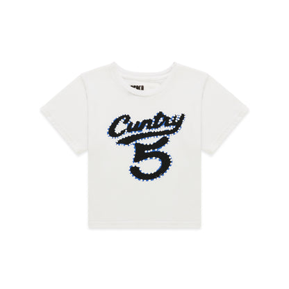 White cotton/spandex cropped baby tee with black and blue "CUNTRY 5" graphic print.