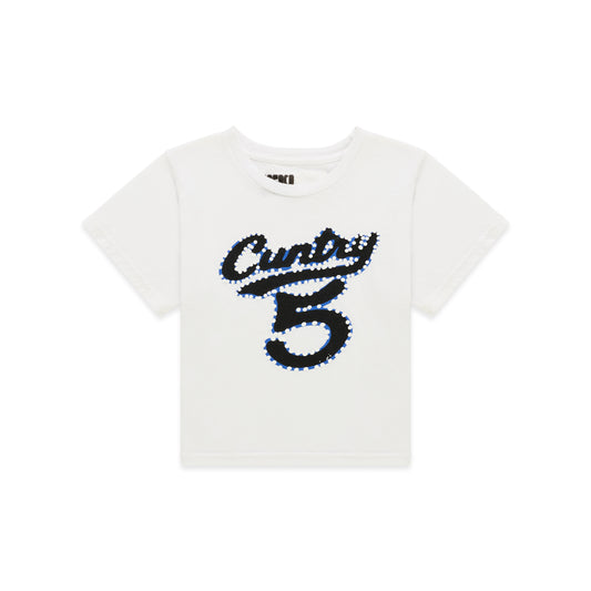 White cotton/spandex cropped baby tee with black and blue "CUNTRY 5" graphic print.