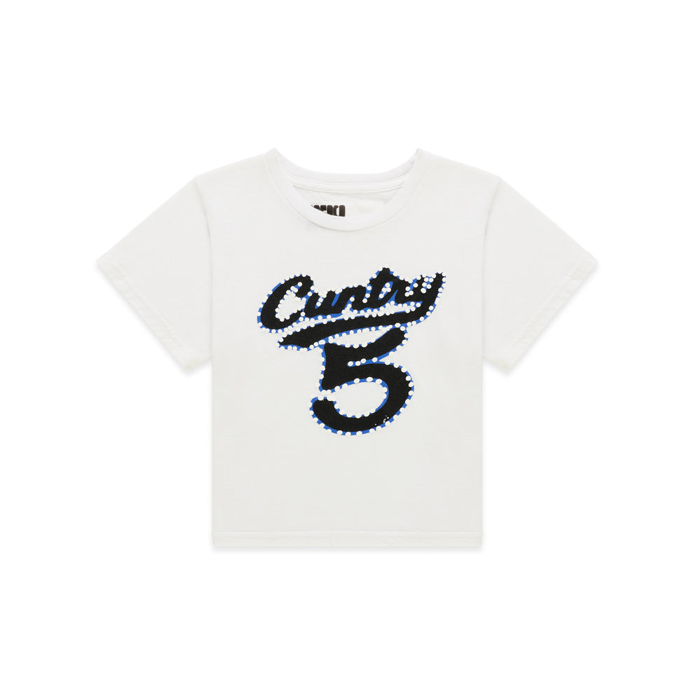 White cotton/spandex cropped baby tee with black and blue "CUNTRY 5" graphic print.