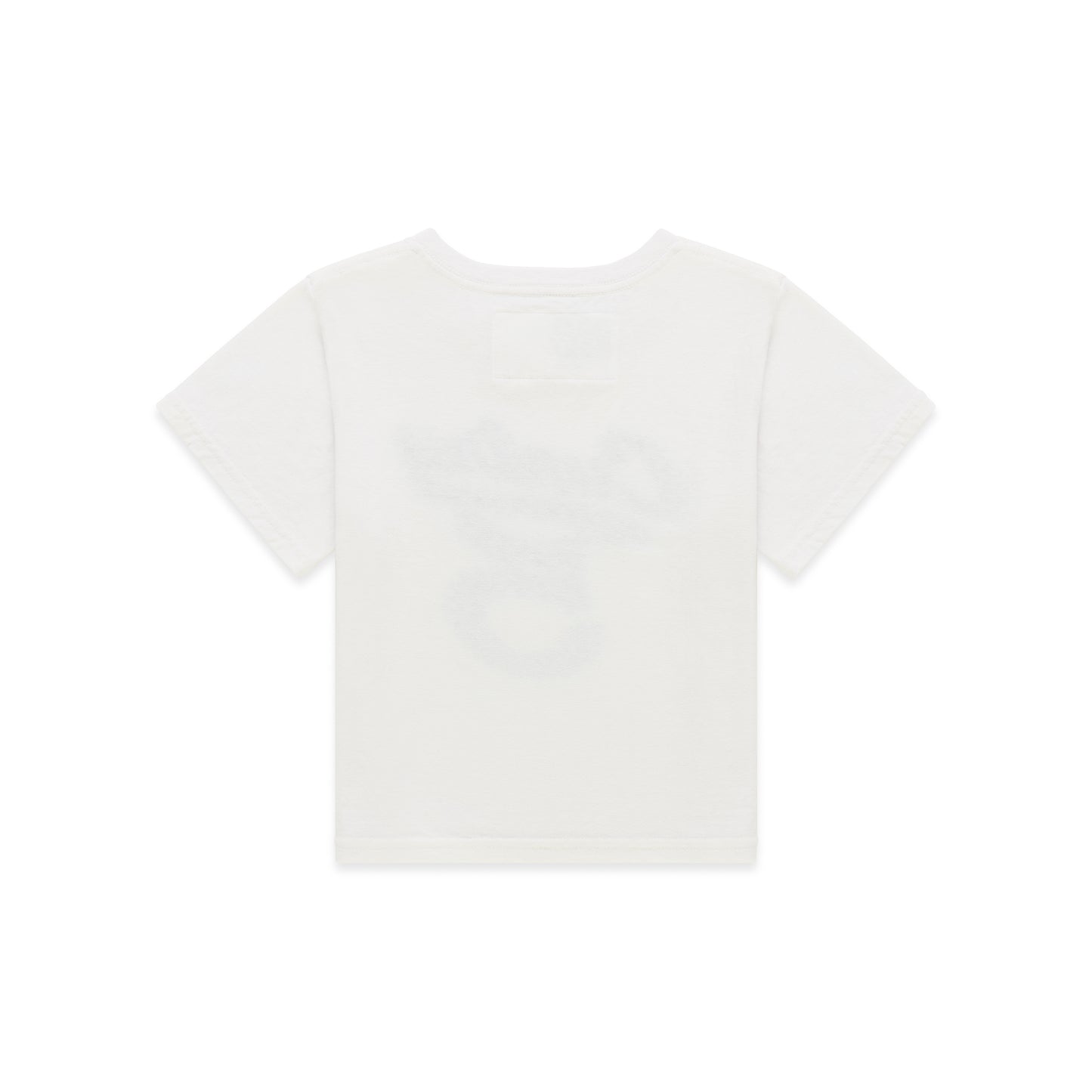 White cotton/spandex cropped fitted baby tee with a graphic print on the front.