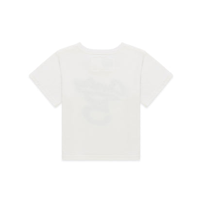 White cotton/spandex cropped fitted baby tee with a graphic print on the front.