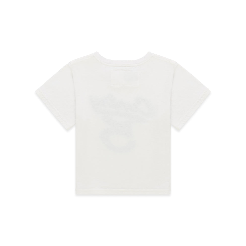 White cotton/spandex cropped fitted baby tee with a graphic print on the front.