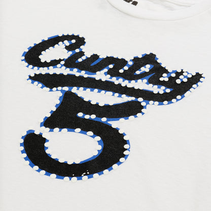 White cotton/spandex cropped tee with "CUNTRY 5" graphic in black, blue outline, and white raised dots.