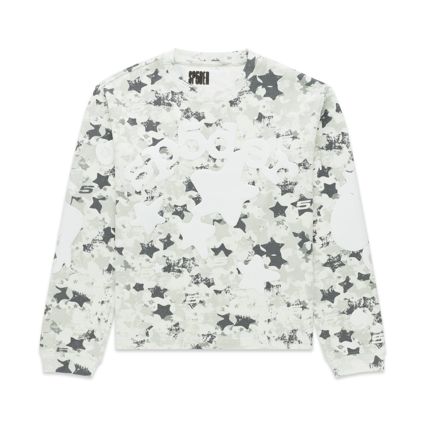 Beluga AOP thermal waffle knit long-sleeve shirt with star camo print and ribbed details.