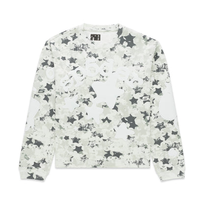 Beluga AOP thermal waffle knit long-sleeve shirt with star camo print and ribbed details.