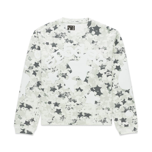 Beluga AOP thermal waffle knit long-sleeve shirt with star camo print and ribbed details.