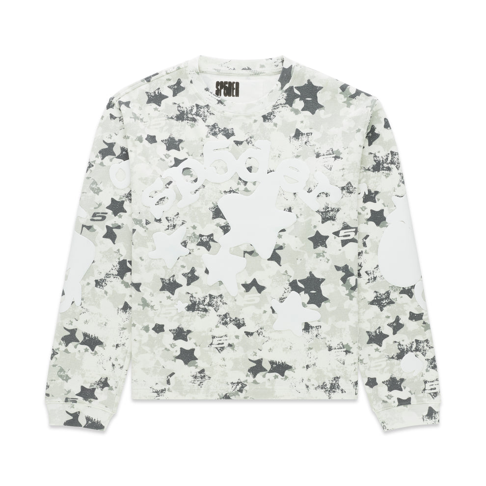 Beluga AOP thermal waffle knit long-sleeve shirt with star camo print and ribbed details.