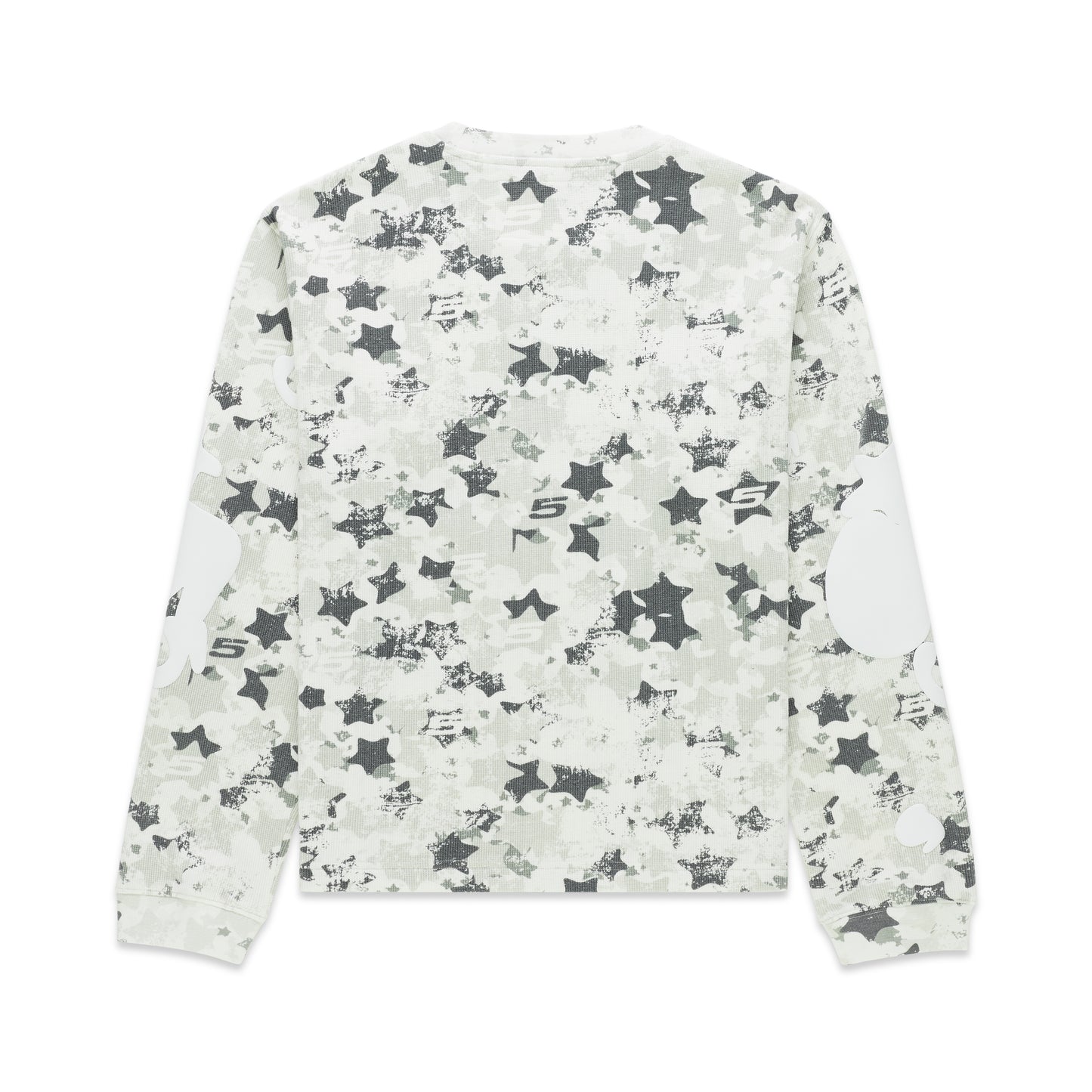 BELUGA AOP thermal, white waffle knit with star camo print, ribbed collar, hem, and cuffs.