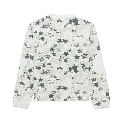 BELUGA AOP thermal, white waffle knit with star camo print, ribbed collar, hem, and cuffs.