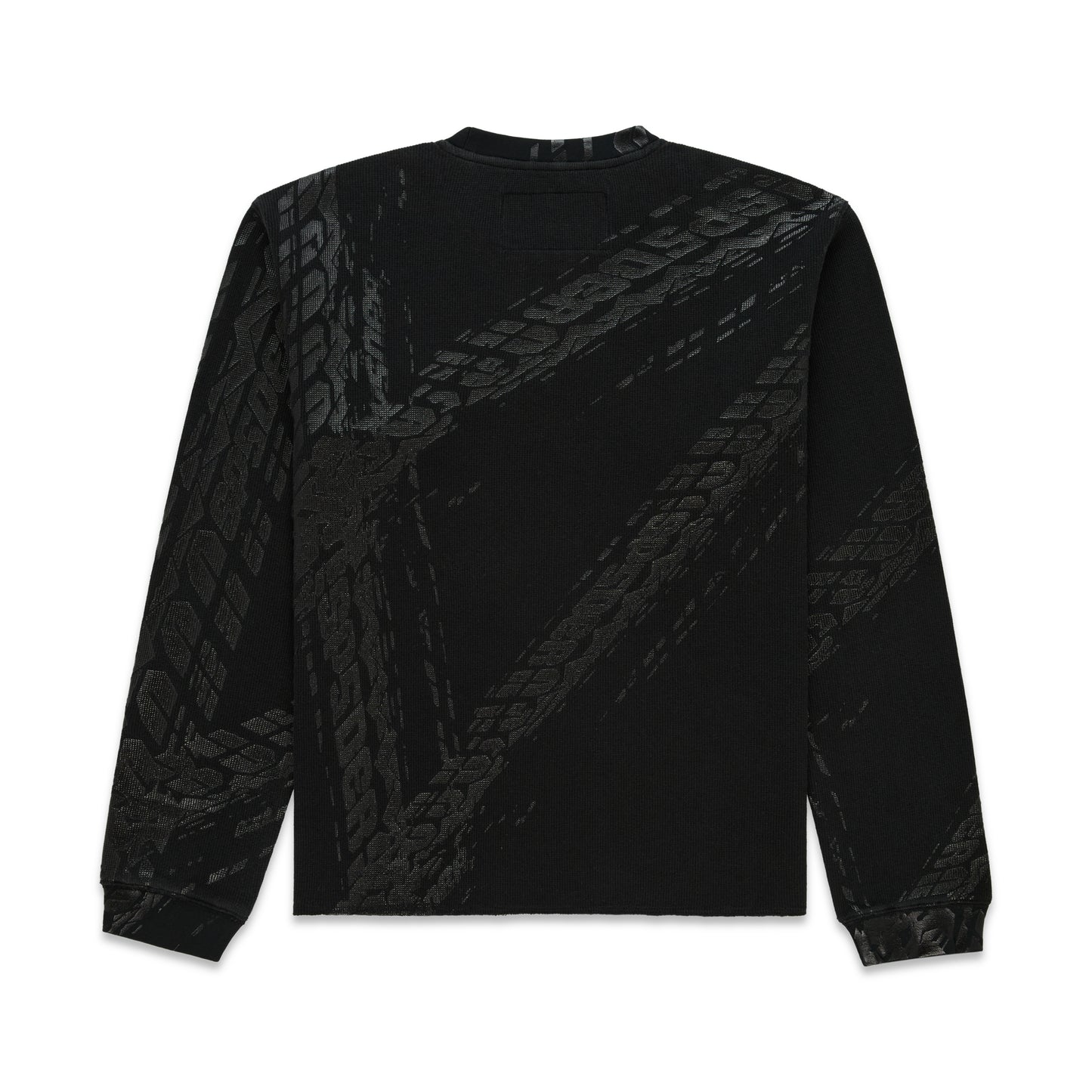 Black waffle knit thermal with ribbed collar, hem, cuffs, and all-over tire track print.