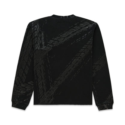 Black waffle knit thermal with ribbed collar, hem, cuffs, and all-over tire track print.