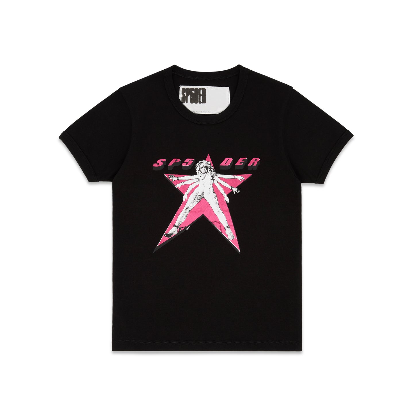 Black cotton/spandex STAR GIRL BABY TEE with pink graphic print and 'SP5DER' logo. Cropped, fitted style.
