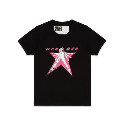 Black cotton/spandex STAR GIRL BABY TEE with pink graphic print and 'SP5DER' logo. Cropped, fitted style.
