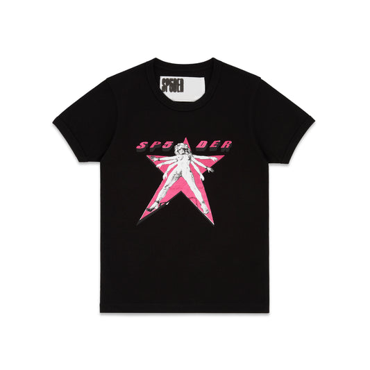 Black cotton/spandex STAR GIRL BABY TEE with pink graphic print and 'SP5DER' logo. Cropped, fitted style.