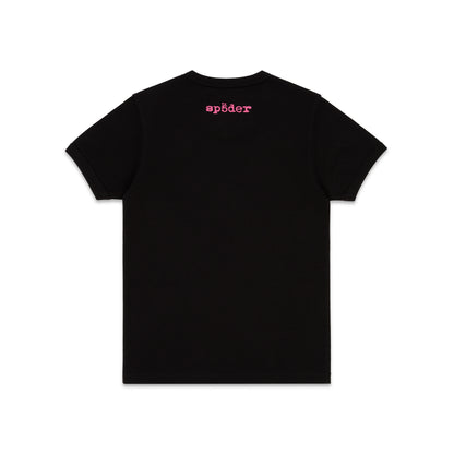 Black cropped cotton/spandex tee with pink 'SP5DER' logo on back neck.