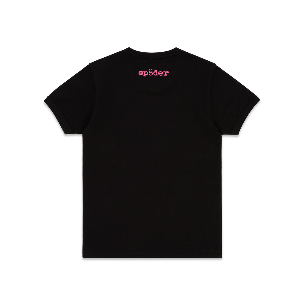 Black cropped cotton/spandex tee with pink 'SP5DER' logo on back neck.