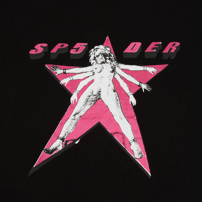Black cropped cotton/spandex tee with pink star and multi-armed 'STAR GIRL' graphic, 'SP5DER' logo above.
