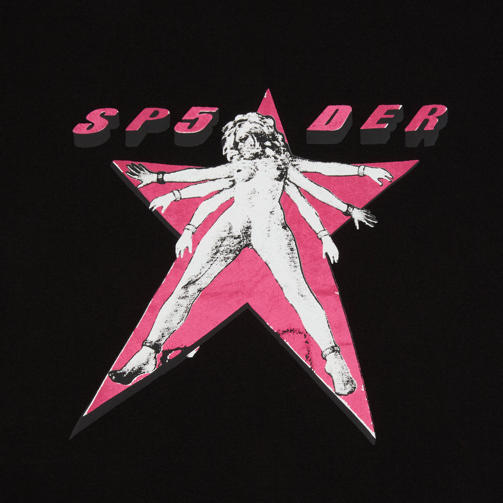 Black cropped cotton/spandex tee with pink star and multi-armed 'STAR GIRL' graphic, 'SP5DER' logo above.