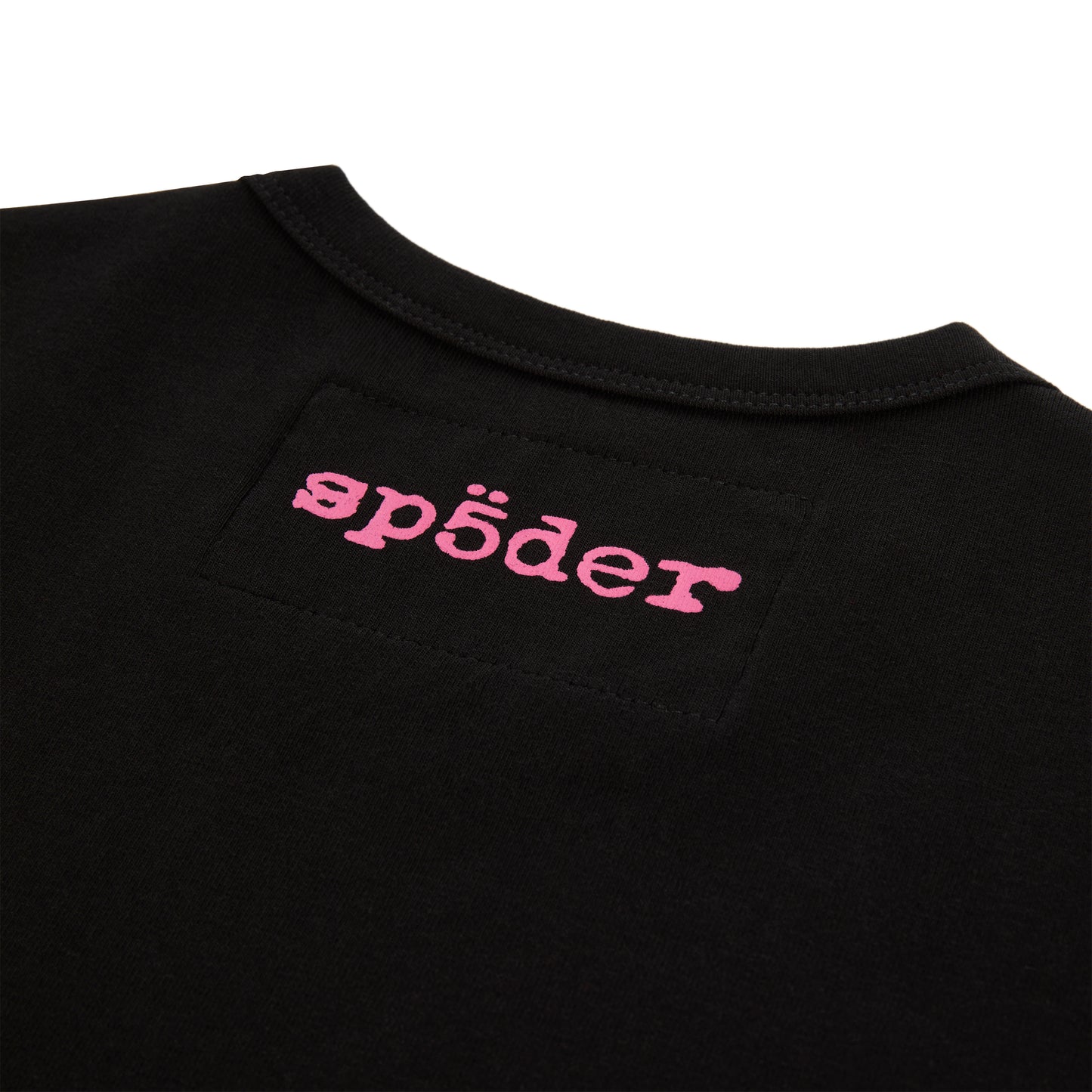 Black cotton/spandex baby tee with pink 'SP5DER' logo embroidered on the back neck.