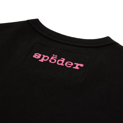 Black cotton/spandex baby tee with pink 'SP5DER' logo embroidered on the back neck.