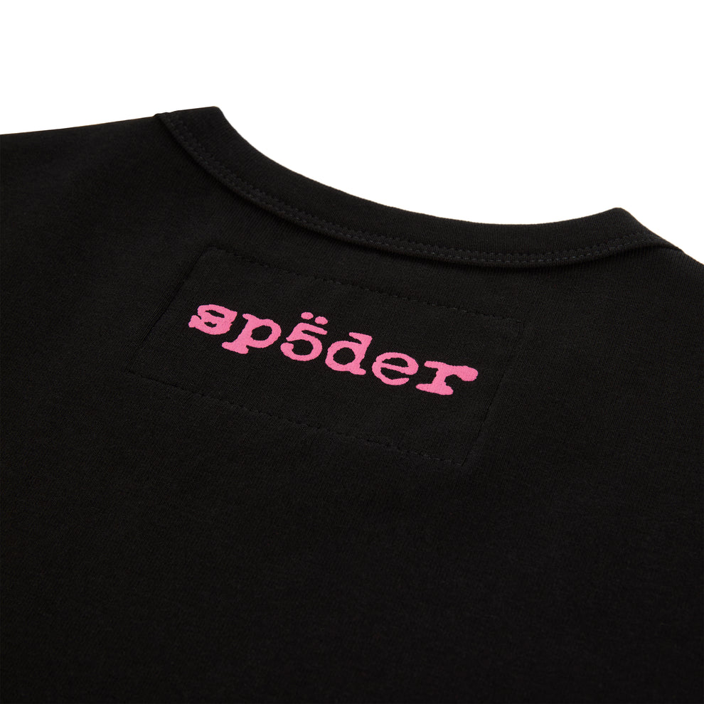 Black cotton/spandex baby tee with pink 'SP5DER' logo embroidered on the back neck.