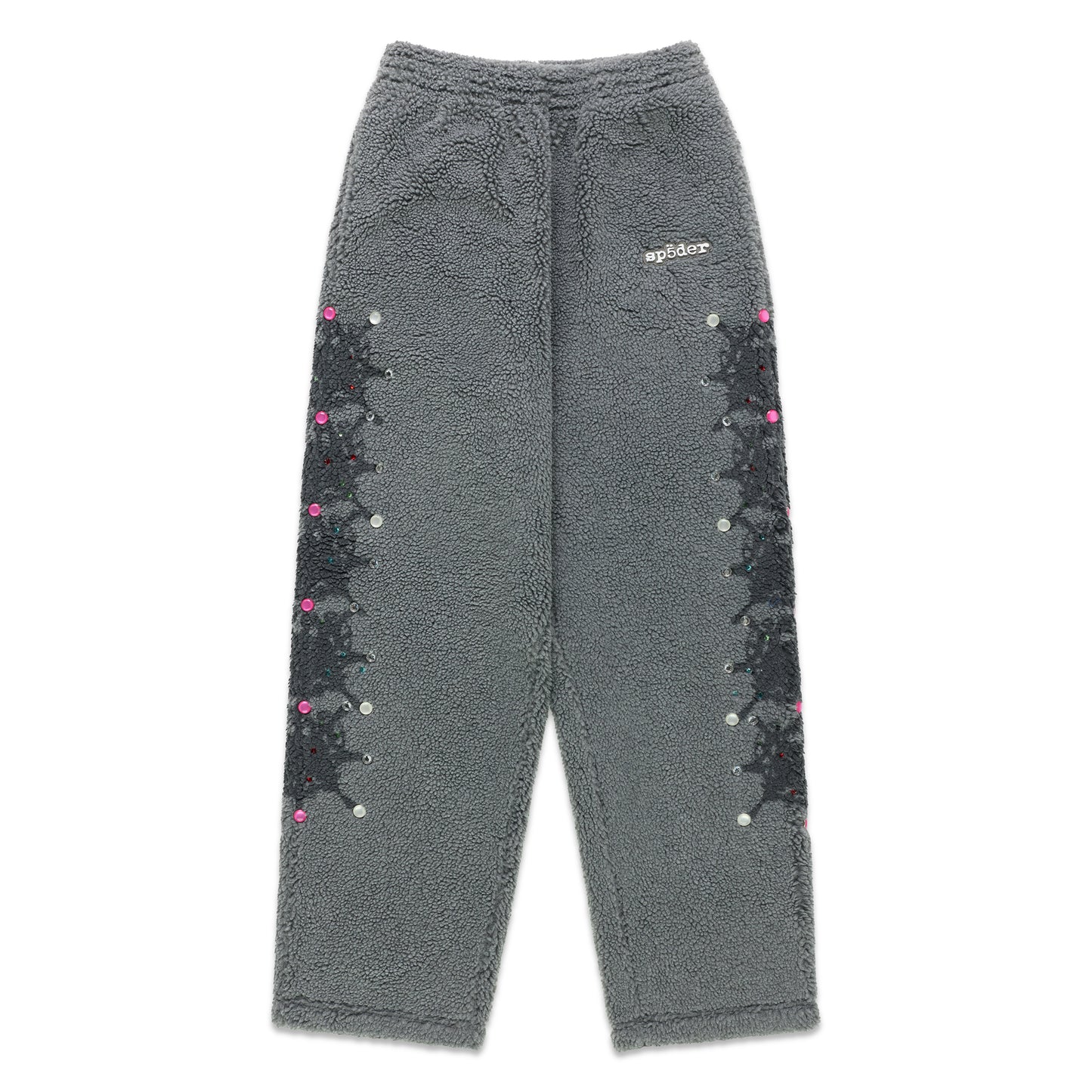 Gray sherpa fleece pants with rubberized logo, web print, and rhinestone embellishments down both legs.