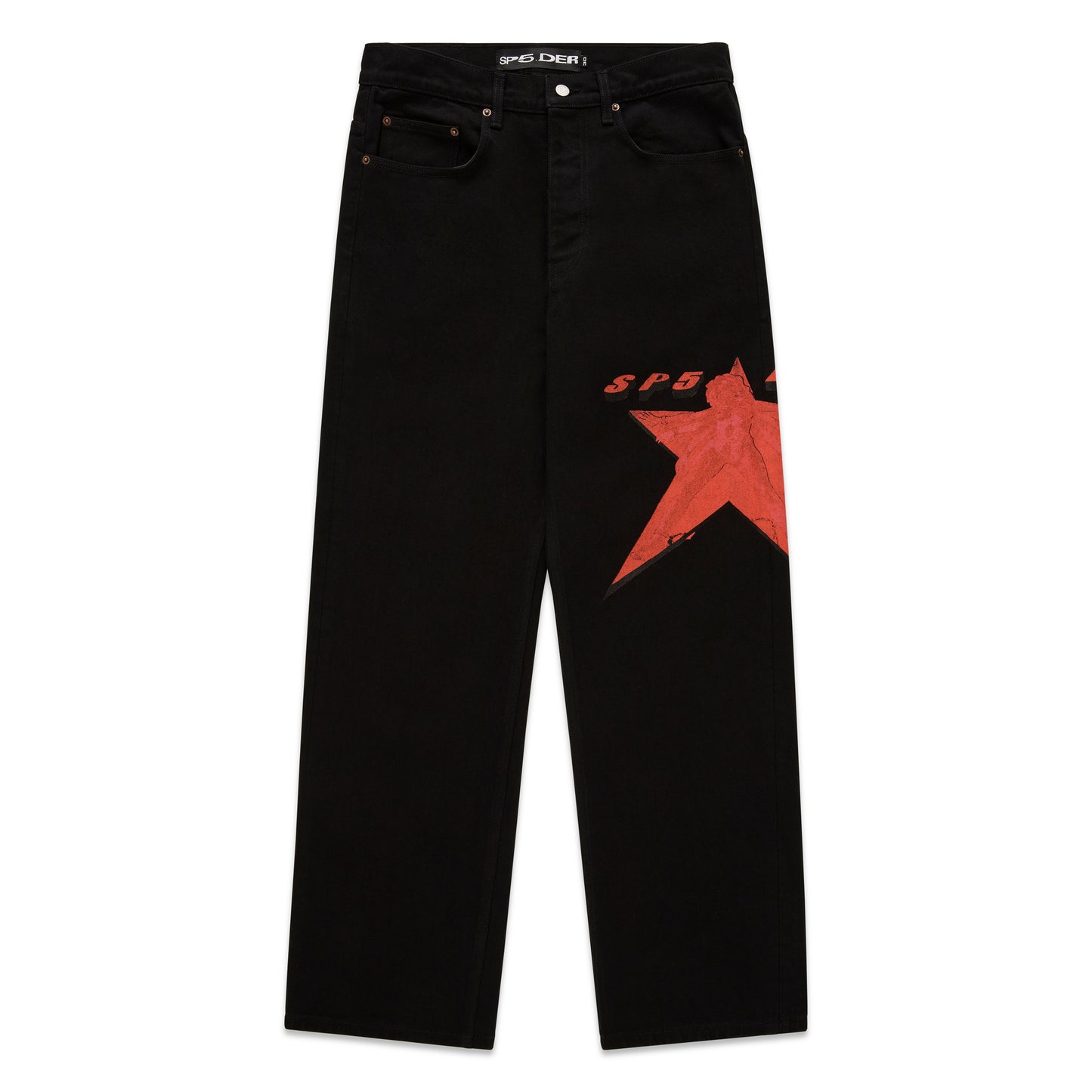 Black denim pants with a large red star graphic on the upper right leg.