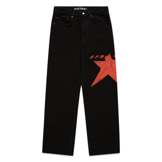 Black denim pants with a large red star graphic on the upper right leg.