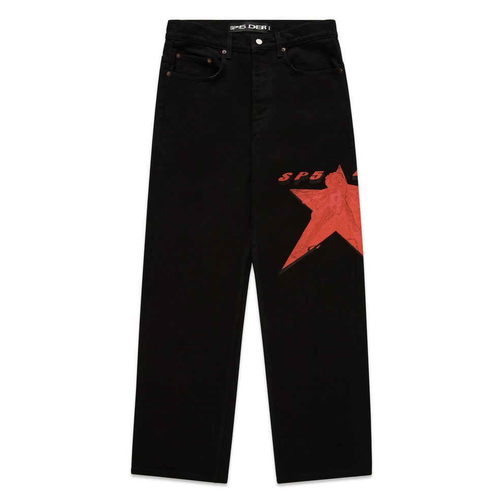 Black denim pants with a large red star graphic on the upper right leg.