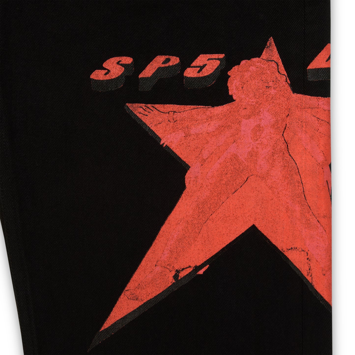 Black denim pant with a large red star graphic on the upper leg.