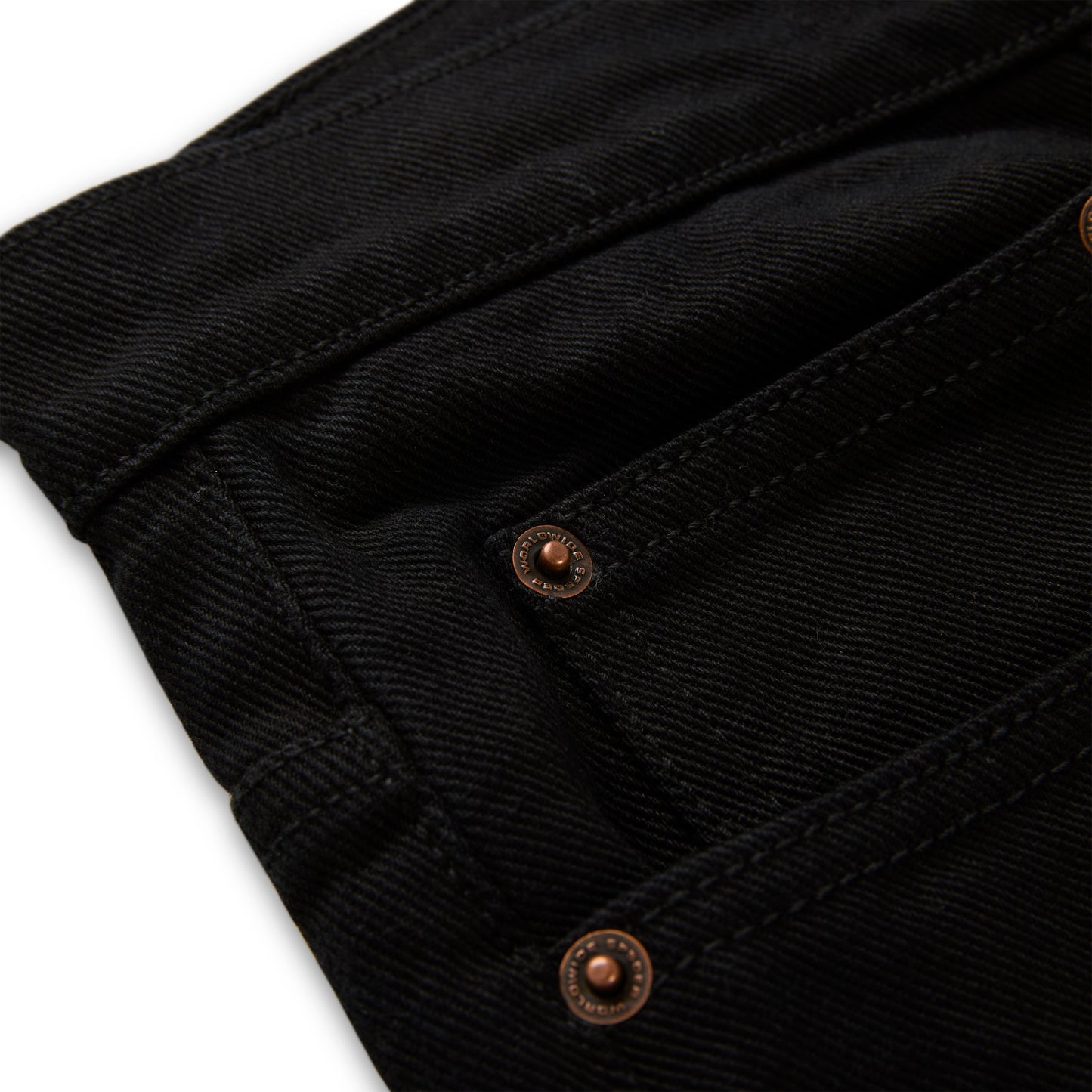Black denim pant with custom branded copper hardware and belt loops.