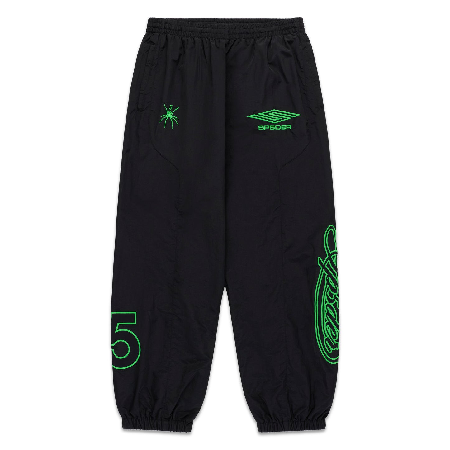 Black nylon track pant with green embroidered spider, "SP5DER" logo, and script graphics.