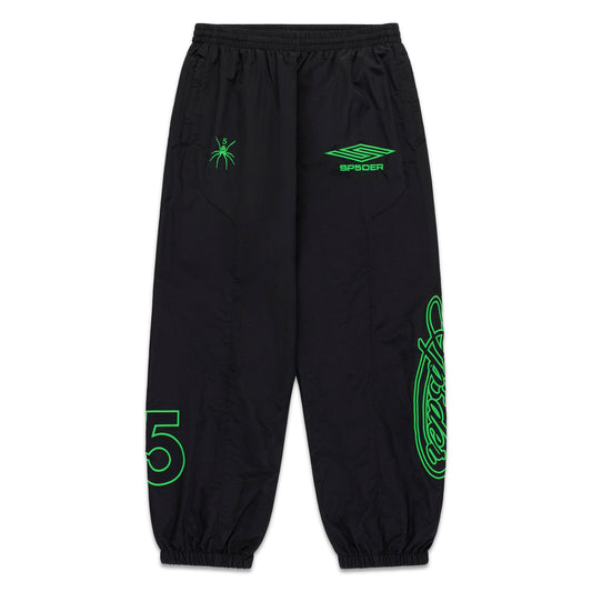 Black nylon track pant with green embroidered spider, "SP5DER" logo, and script graphics.