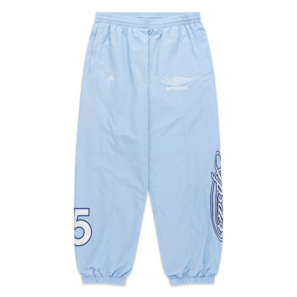Light blue nylon track pant with embroidered spider graphic, "SPYDER" logo, and "5" detail.