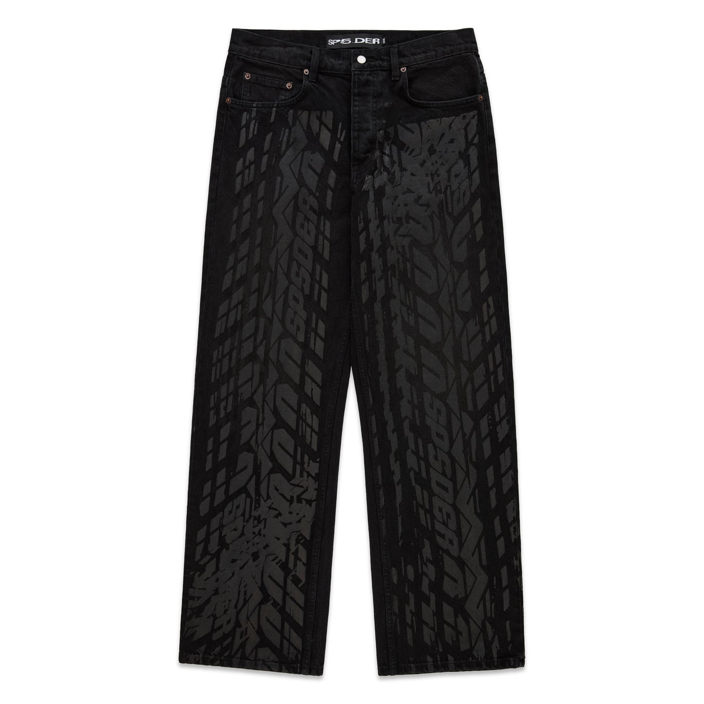 Black denim pants with all-over dark gray tire track design, five-pocket styling, and straight leg fit.
