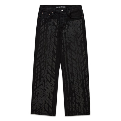 Black denim pants with all-over dark gray tire track design, five-pocket styling, and straight leg fit.