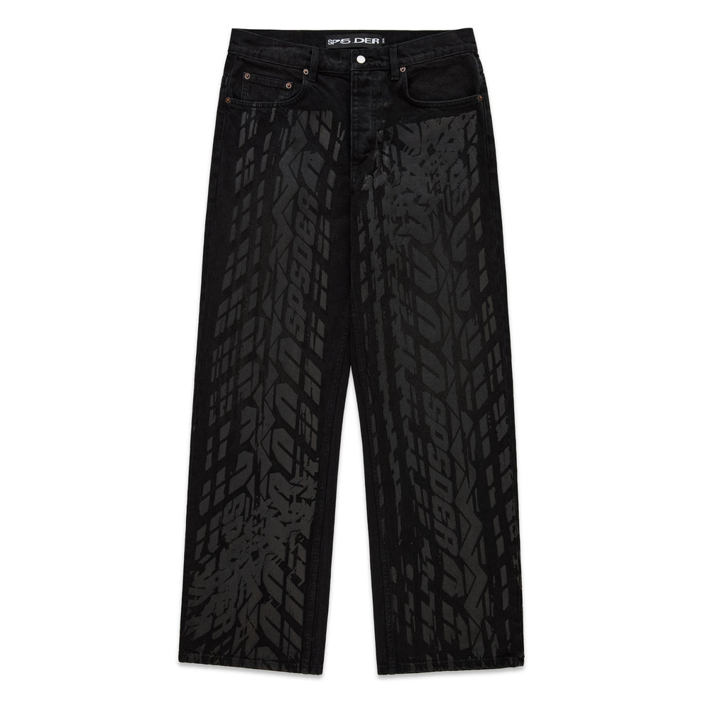 Black denim pants with all-over dark gray tire track design, five-pocket styling, and straight leg fit.