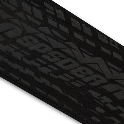 Black denim pant with all-over dark gray tire track design.