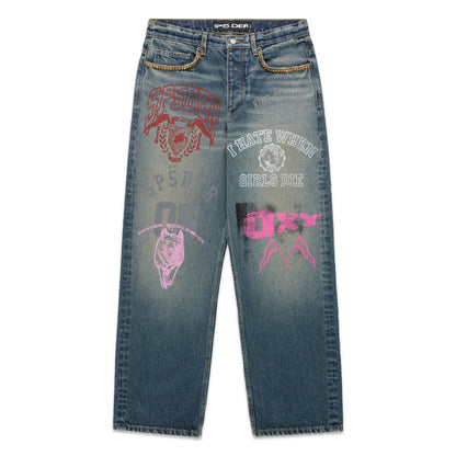 Distressed blue denim jeans with bold red, pink, and white graphic prints, featuring a relaxed fit.