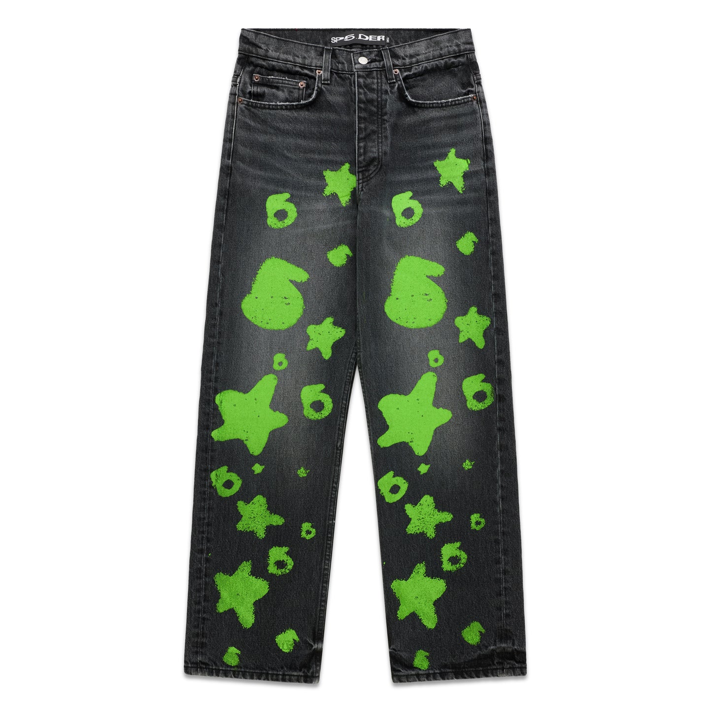 BELUGA STAMP DENIM: Faded black straight leg jeans with bright green splattered star and "6" designs.